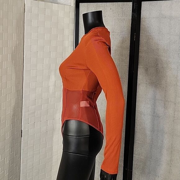 BRAND NEW LONG SLEEVES MESH INSERT HIGH NECK SOLID SHEER THONG SNAP BODYSUIT - Picture 11 of 16